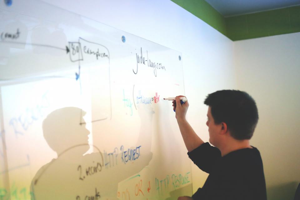 Ein Whiteboard mit bunten Haftnotizen h&auml;ngt in einem kleinen Besprechungsraum